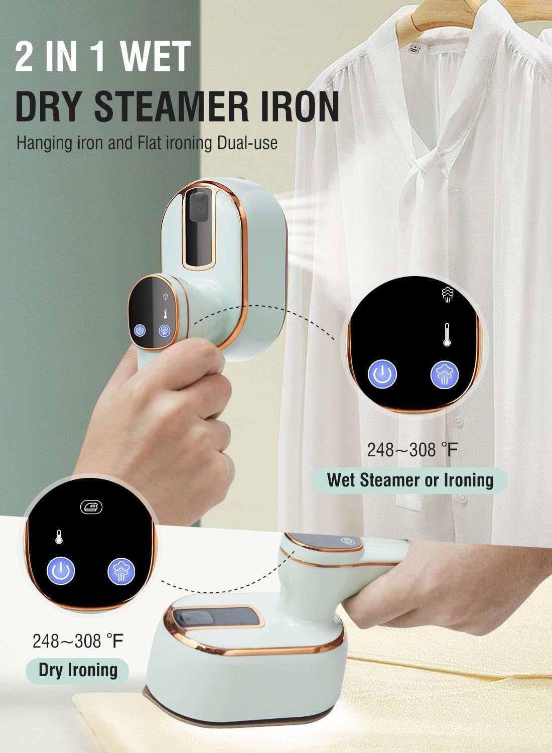 1000wTravel Steamer Mini Iron for Clothes: portable mini steam iron handheld clothing steamers travel size small hand held steam plancha a de vapor para ropa portatil travel essentials (Matcha Green)