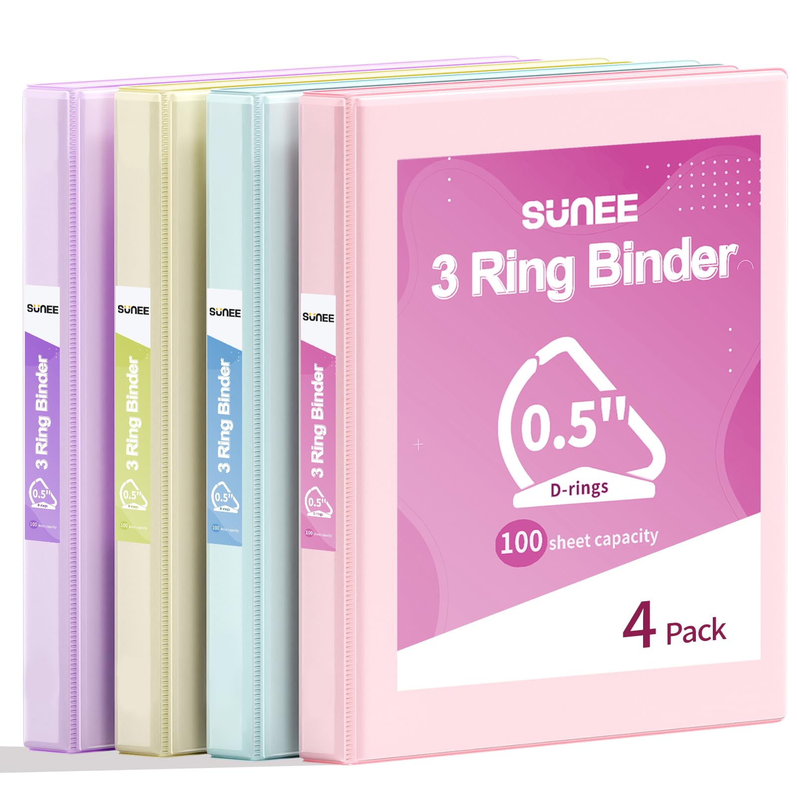 Photo 1 of *Minor Damage*
SUNEE 3 Ring Binder 0.5 Inch D Ring, Clear View Binder Three Ring PVC-Free (Fit 8.5x11 Inches) for School or Office Supplies, Assorted Pastel, 4 Pack