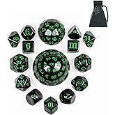 Poludie 15 Pieces Complete Polyhedral DND Dice Set D3-D100 Spherical D&D Dice Set with Dragon Eye Dice Bag, D100 Dice for RPG Table Games(Black w/Green Numbers)