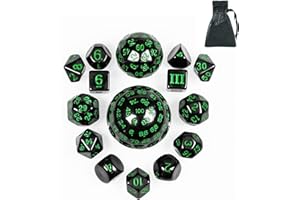 Poludie 15 Pieces Complete Polyhedral DND Dice Set D3-D100 Spherical D&D Dice Set with Dragon Eye Dice Bag, D100 Dice for RPG Table Games(Black w/Green Numbers)