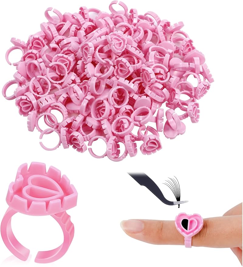 RosewineC 100 Pcs Glue Rings for Eyelash Extensions Pink Plastic Lash Glue