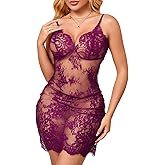 Kolagri Womens Lace Babydoll Lingerie Sexy Spaghetti Strap Chemises Mesh Sheer Nightgowns Sleepwear Mini Dresses
