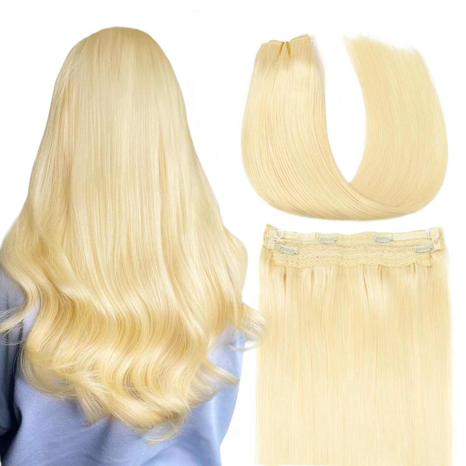 AGMITY Wire Hair Extensions Human Hair 16 Inch Bleach Blonde Hidden Removable Layered Natural Hairpiece Thick Straight with Transparent Fish Line(16 Inch #613 Bleach Blonde) — image 1