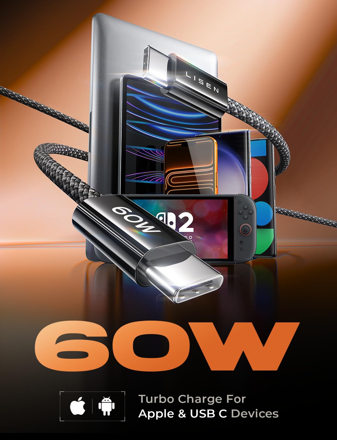 LISEN USB C Cable, 5-Pack [3.3/3.3/6.6/6.6/10FT] for iPhone 17 Charger Cord, 60W USB C to USB C Fast Charging Cable for iPhone 17 Air 16 15 Pro Max, Samsung Z Flip 7/S25/S24, Switch 2, iPad, MacBook