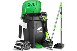 Uppcasir Dog Poop Trash Can Outside with Pooper Scooper and Metal Rake & Tray, 20L/5Gal Dog Waste Trash Can with Lid, Pedal and Removable Inner Waste Bin, Pet Poop Bin with 100 Bags, Green