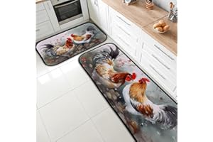 Kitchen Rugs and Mats Set of 2 Pieces Anti Fatigue Standing Mat Watercolor Chicken Animal Non Slip Washable Comfort Flooring 