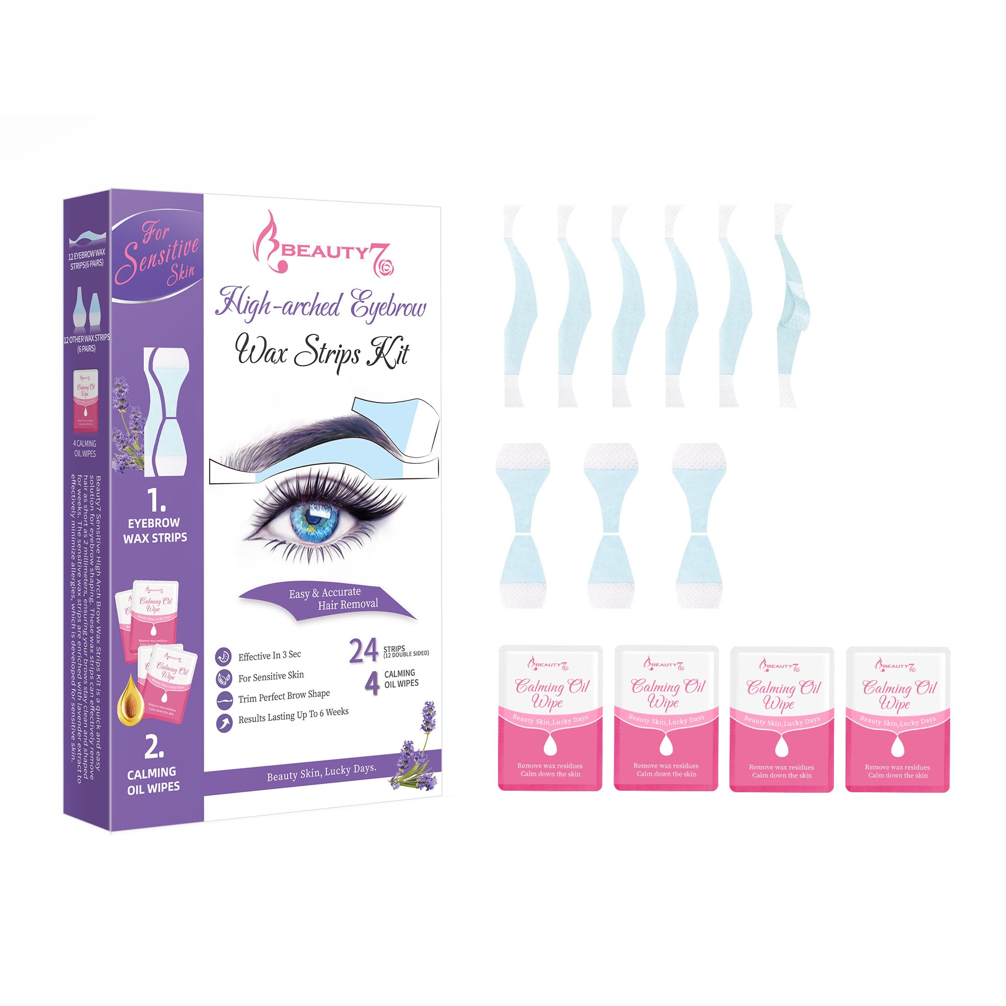Beauty7 Sensitive Eyebrow Waxing Strips, Form High-arched Eyebrow Strips Pre-cut for Face, Quick Hair Removal Facial with 24 Eyebrow Strips with 4 Cleaner Oil Wipes