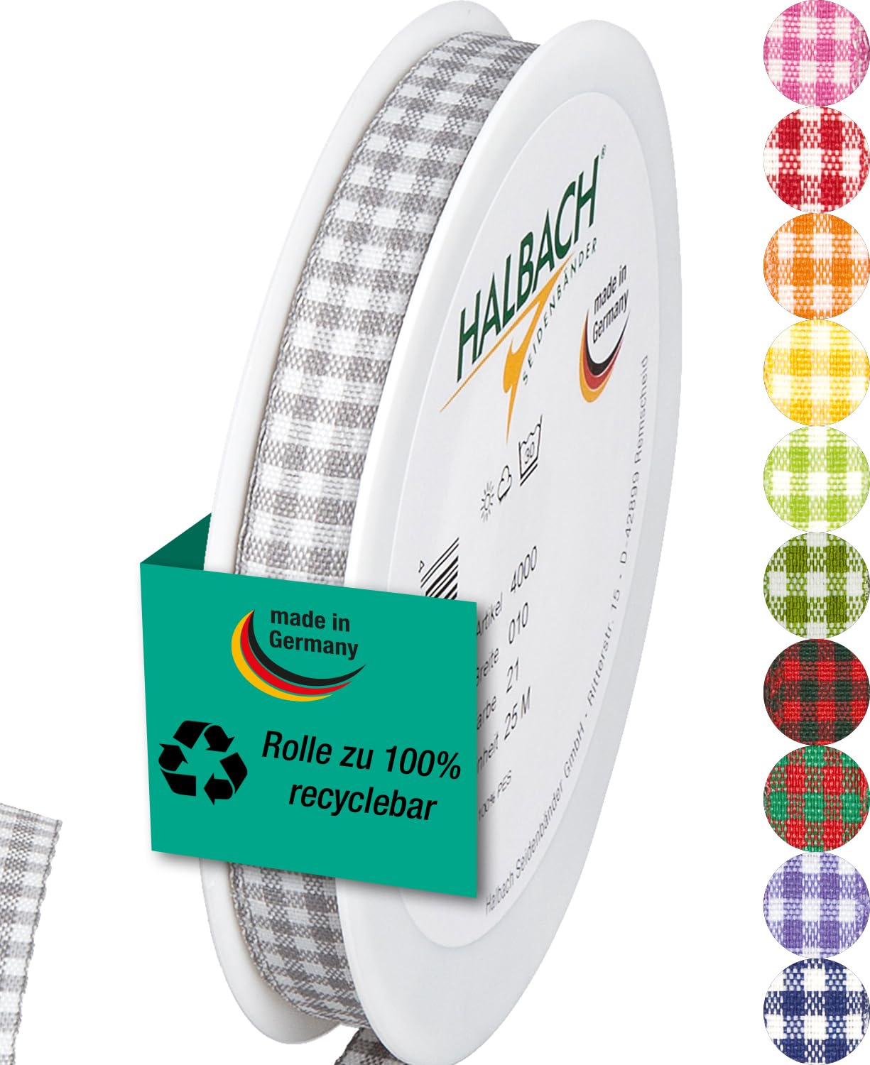 Halbach Seidenbänder Premium Vichy Checked Gift Ribbon (Grey) | Width 10 mm Length 25 m | Checked Ribbon Made in Germany | Checked Ribbon in Many Colours