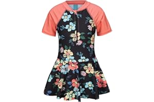 LOLLISY Girls One Piece Swimsuits Hawaiian Skirted Bathing Suit for Kids Girls Summer Swim Dress Short Sleeve Swimwear 3-16 Years