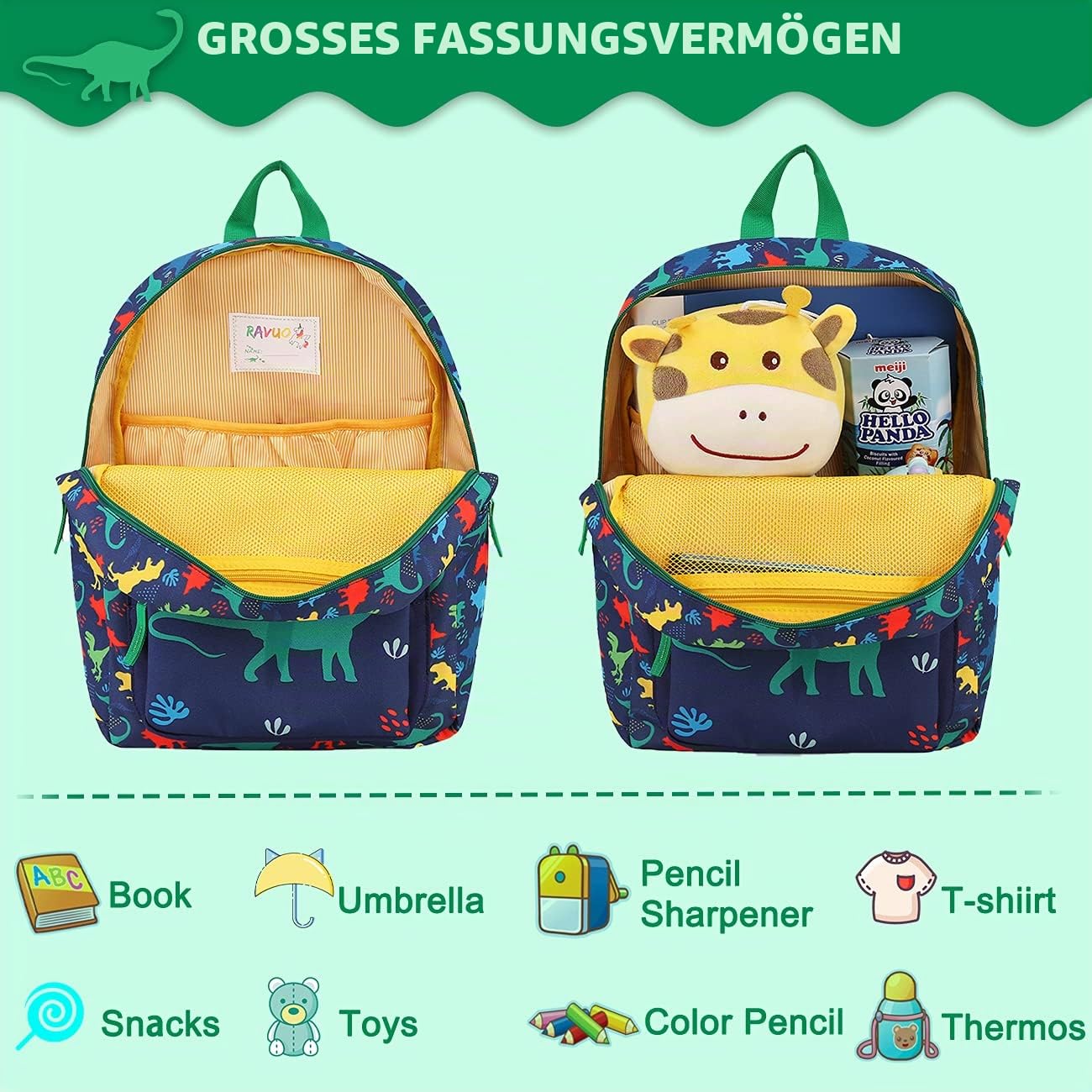 Kinderrucksack für Jungen 4-8 Jahre, Leichter & Wasserabweisender Vorschule Rucksack,Schulrucksack mit Brustgurt, für Grundschule,Dinosaurier 5