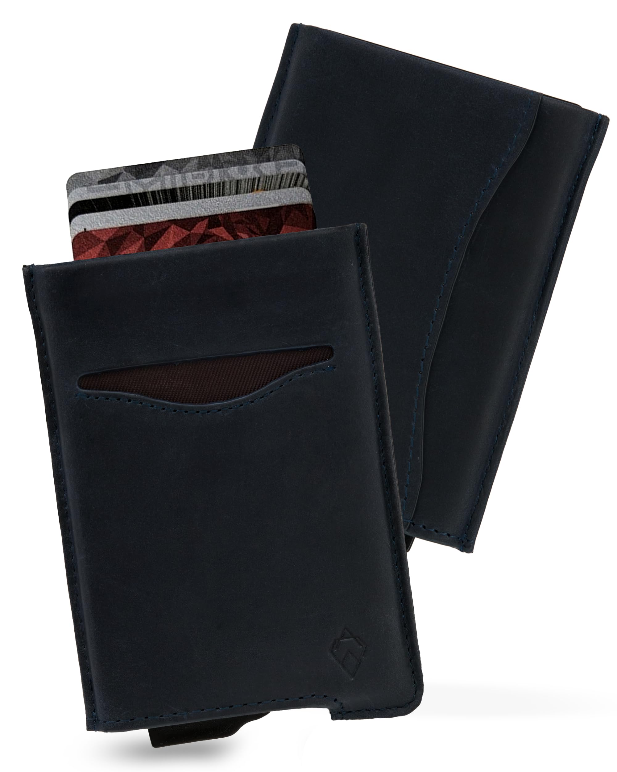 AKIELO RFID Card Holder Wallet with Gift Box – Vegan Leather Card Wallet for Men – RFID Blocking Contactless Credit Card Protector – Minimalist Pop Up Design (Alpha - Navy Blue Leather Edition)