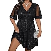 Floerns Women's Plus Size A Line Dress Mesh Short Sleeve V Neck Flared Glitter Ribbed Party Cocktail Dresses