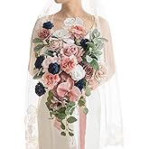 Ling's moment Dusty Rose Navy Blue Bridal Bouquet Cascading, Pink and Blue Wedding Bouquets for Bride, 15 Inch Silk Artificial Wedding Flower Bouquet