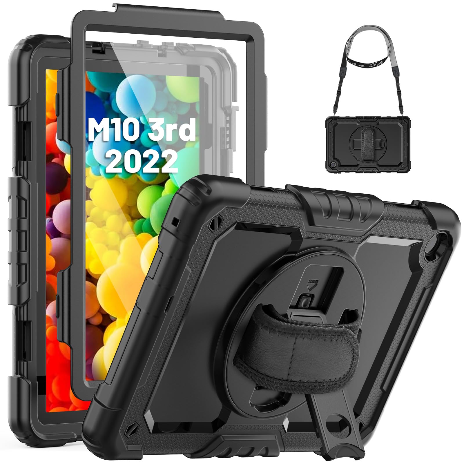 SEYMCY Case for Lenovo M10 3rd Gen 10.1 Inch 2022 (NOT Fit 2025/2020 Version), Full-body Shockproof with Screen Protector, 360° Rotating Stand & Hand Strap, Carrying Strap (TB328FU, TB-328XU), Black