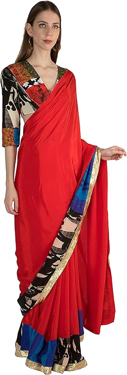 Amazon.com: Masaba Ethnic Indian Designer Red Patchwork Sari Saree And Blouse Piece - MAW19426 