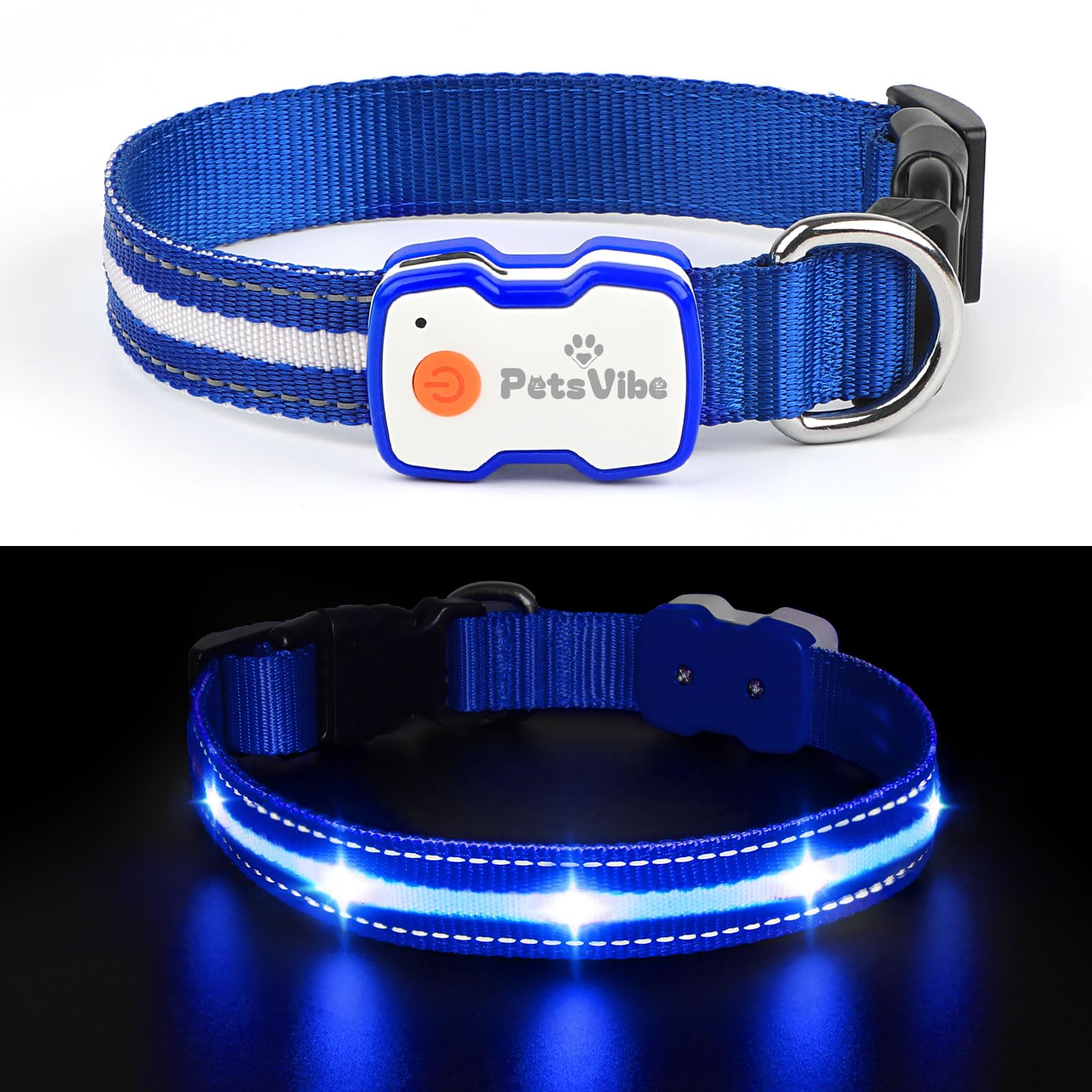 PetsVibe Adjustable Light up Dog Collar for Night, 3 Glowing Modes for Pet Visibility and Safey, USB Rechargeable and Waterproof, LED Flashing Dog Collars Light for Night Walking (Blue, Small)