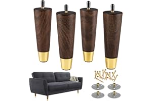 ALAMHI Wood Furniture Leg, Couch Legs 6 Inch Brown Round Tapered Mid-Century Modern Legs, with Brass Base Replacement Legs for Cabinets, Coffee Table, Ottoman, Sofa, Loveseat, Armchair Legs Set of 4