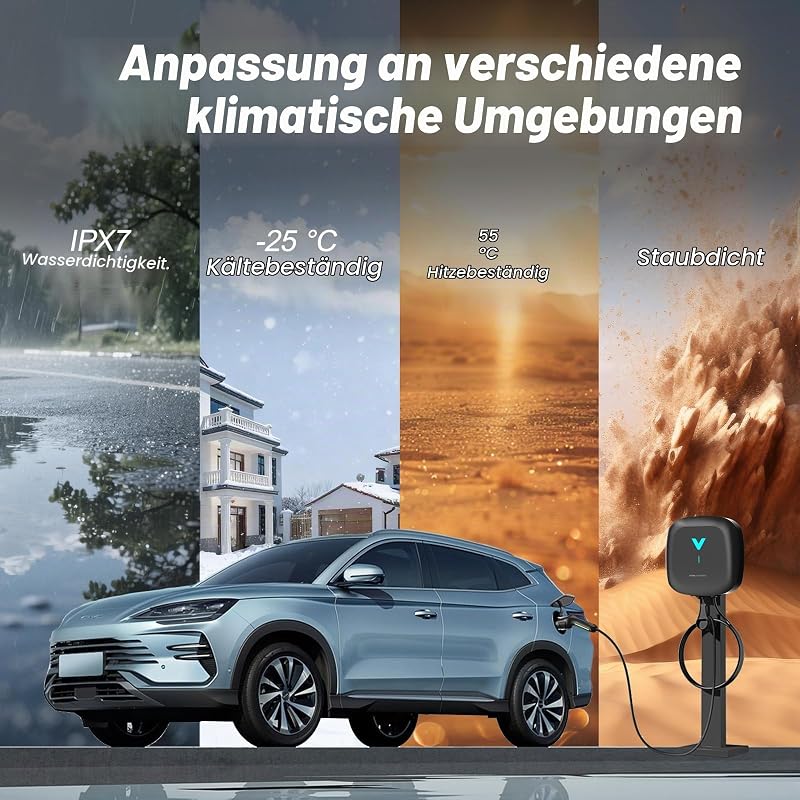 Wallbox 7.4kW mit APP, Typ 2 Ladekabel, 1-Phase 6-32A EV-Ladegerät, 6m Kabel mit Kabelhalter, RCD Typ A & IP67, Ladestation mit WLAN & Bluetooth, für Zuhause für BEV PHEV