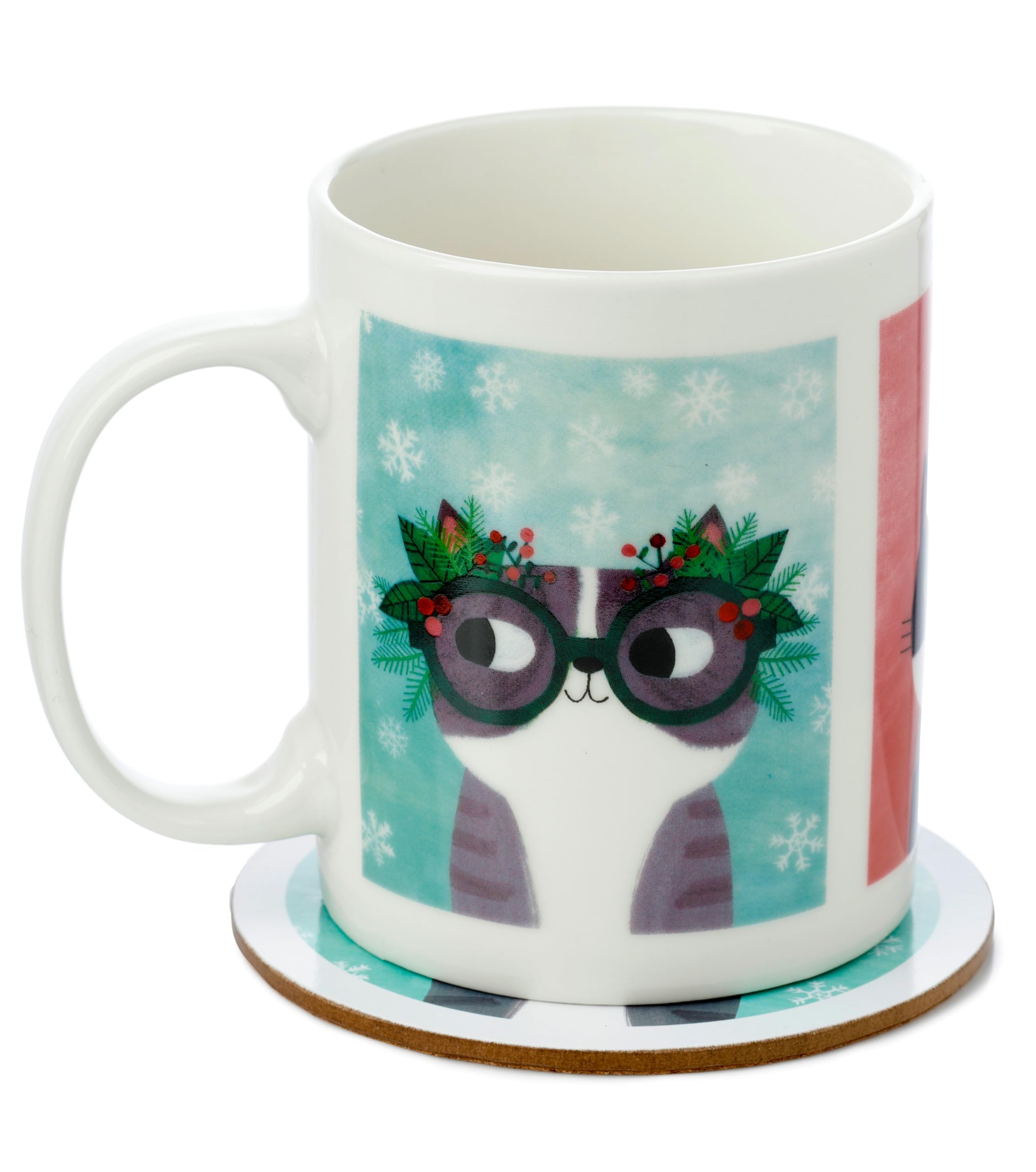 Puckator Angie Rozelaar Planet Cat Xmas Porcelain Tea Coffee Mug & Coaster Set - Funny Home Accessories - Cute Gifts for Girlfriend Large Mugs for Men Women Hot Drinks Cups Presents Secret Santa Gift