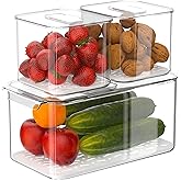 Slideep Food Storage Containers Produce Saver with Lids, Stackable Refrigerator Freezer Organizer Bins with Removable Drain T