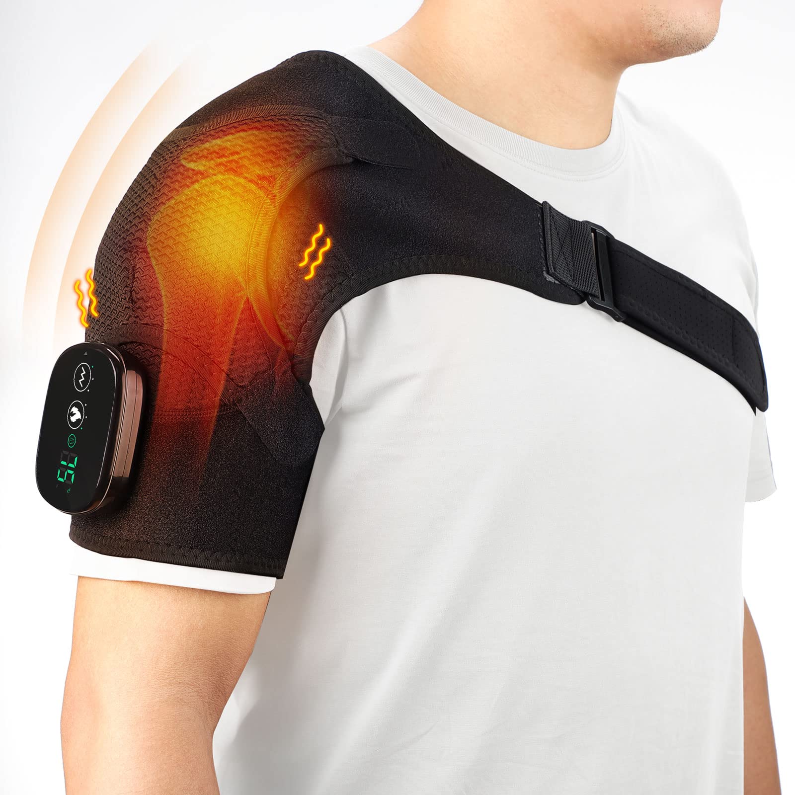 AFDEAL Heated Shoulder Wrap Brace Support with Vibration, Heating Electric Shoulder Wrap with Massage, 3 Modes Cordless Shoulder Pad for Men and Women, Fits for Left or Right Shoulder, Black