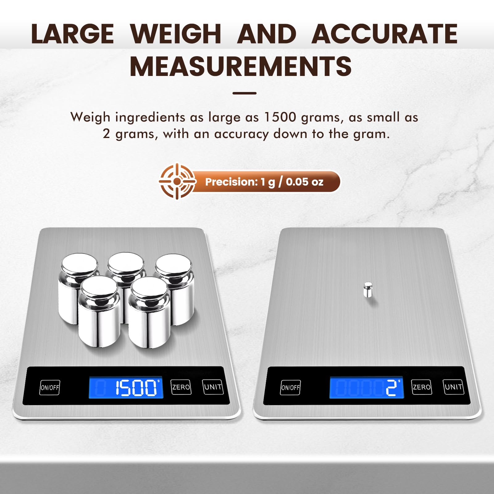 33lb Food Scale, Digital Kitchen Scale Batteries and USB Charging,1g/0.05oz Precise Graduation, Waterproof Stainless Steel with LCD Display Weight Grams and oz for Cooking Baking (Stainless Steel)
