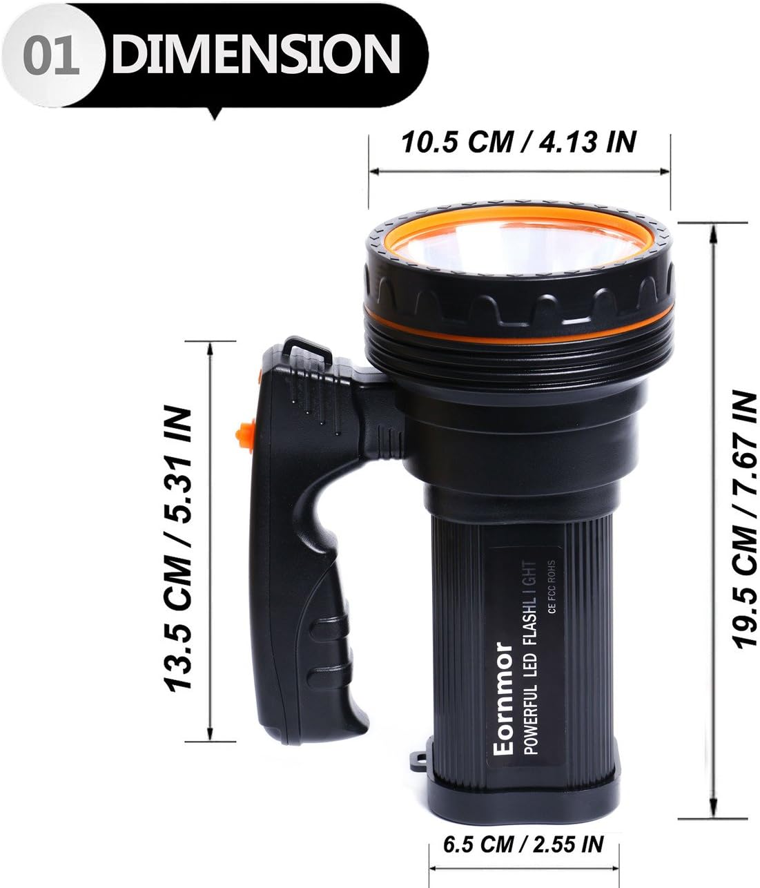 Eornmor Outdoor Handheld Portable Flashlight 6000 Lumens USB Rechargeable Super Bright LED spotlight Torch Searchlight Multi-function Long Shots Lamp, 9000ma 35W (Black) - - 