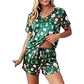 RUEWEY Women Christmas Pajamas Satin Silk Lounge Set Short Sleeve Tops and Shorts 2 Piece Outfits Sleepwear