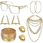 Remuuly 80s 90s Outfits Accessories Kit for Women Men Hip Hop Rapper Costume Gold Glasses Chunky Necklaces Stacking Bracelet Hoop Earrings Plated Gold Teeth Jewelry Set for Theme Party