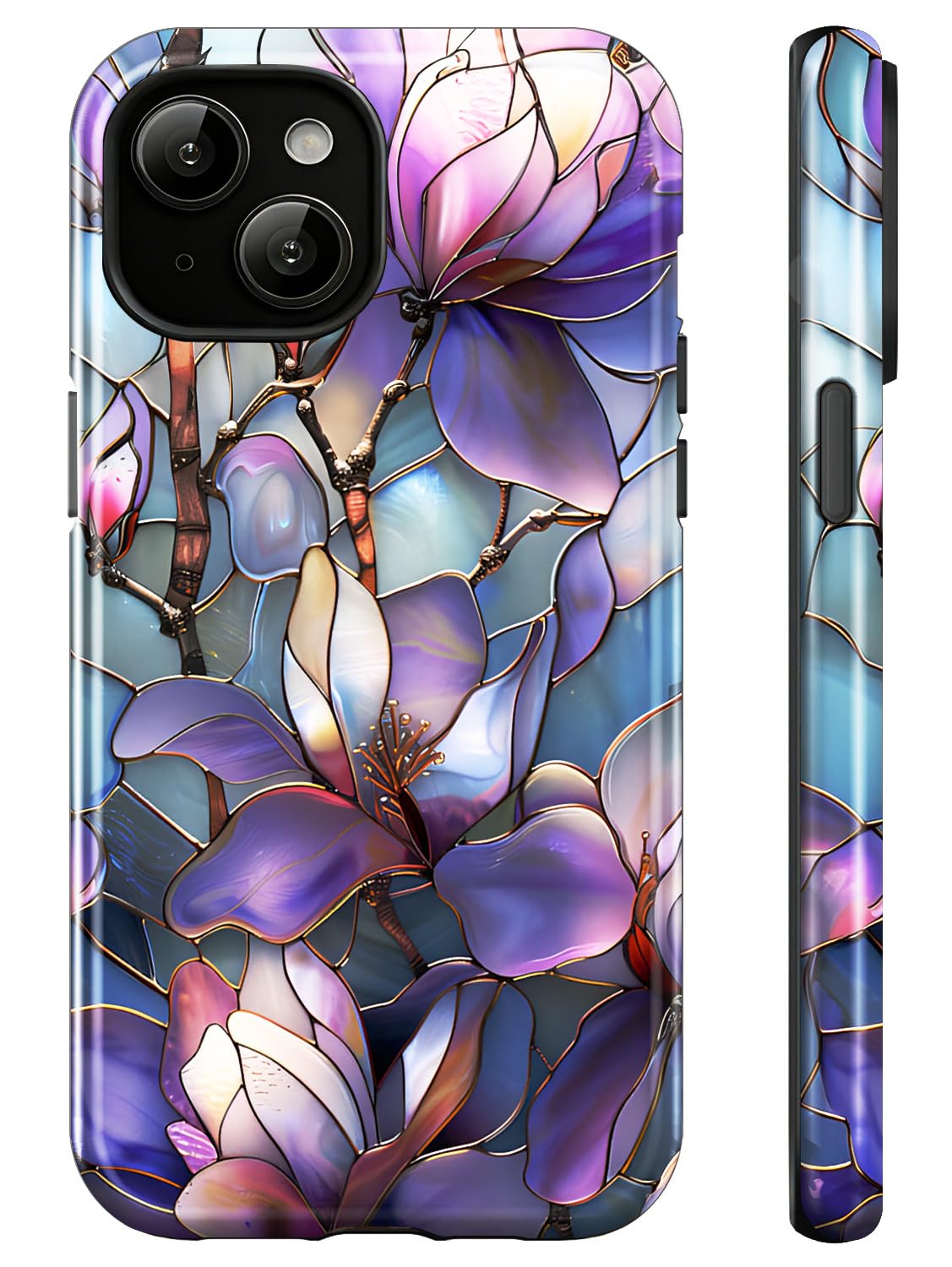 Generic Case Compatible with iPhone 14 for iPhone 13,Purple Lotus with Glass Texture Phone Women,Dual-Layer 14/13