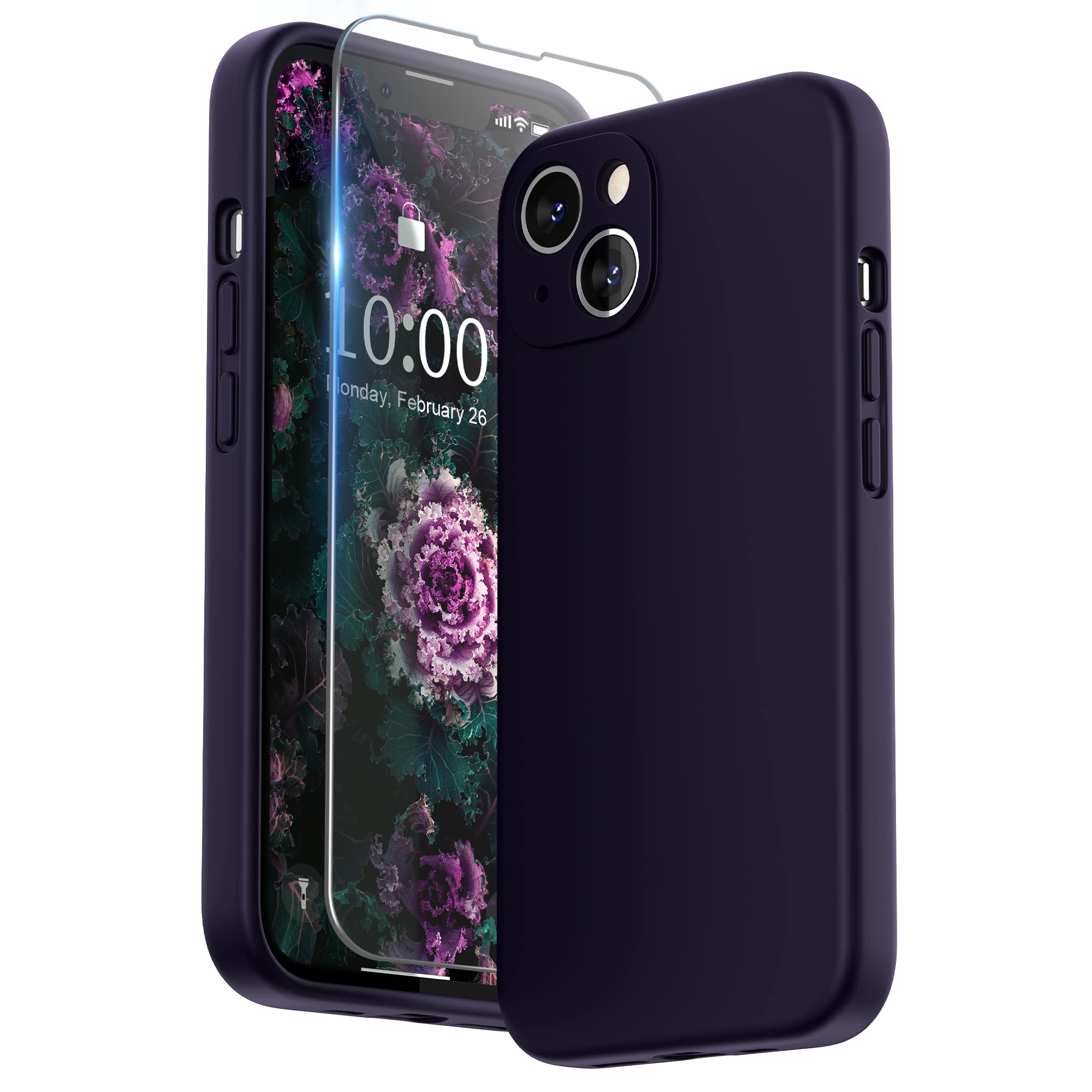 SURPHY Compatible with iPhone 13 Case with Screen Protector, Liquid Silicone Protection for Each Lens Shockproof Thickened Rubber Cover for iPhone 13 6.1 inch 2021, Midnight Purple