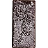 AurexaFashion Genuine Leather Bifold Long Wallet for Men, Retro Vintage Embossed Clutch with Zipped Coin purse & Credit card Slots. RFID Blocking. Dragon- Coffee