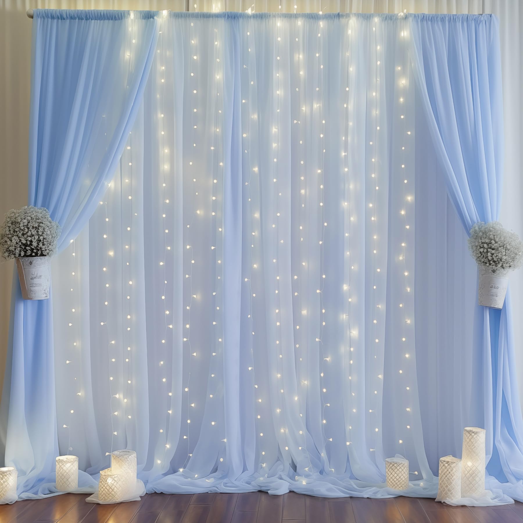 Photo 1 of 10ft x 10ft Baby Blue Chiffon Backdrop Curtain with Lights String for Parites Wedding Light Blue Curtains Photo Backdrop Drapes for Baby Shower Birthday Party Home Decorations