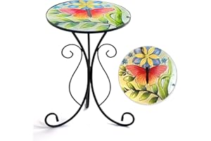 HONGLAND Outdoor Side Table, Small Outdoor Table, 12" Round Patio Side Table End Table, Glass Plant Stand, Small Bistro Coffee Table for Garden Patio Porch Living Room (Butterfly)