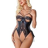 Avidlove Sexy Lingerie for Women One Piece Lingerie Cutout Teddy Underwire Bodysuits Mini Lace Leather Body Suit Lace-Up Back