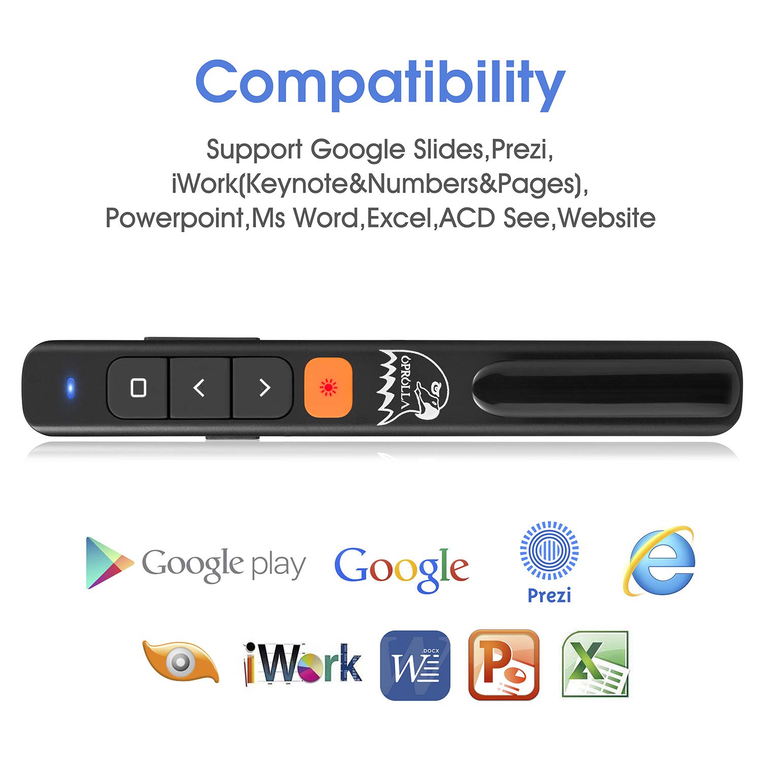 OPROLLA Wireless Presenter Hyperlink Multi-Media Volumn Control RF 2.4GHZ Powerpoint Clicker Slide Advancer Presentation Remote Clicker for Mac,Laptop (Powerpoint Clicker-Black 1200mah Li)