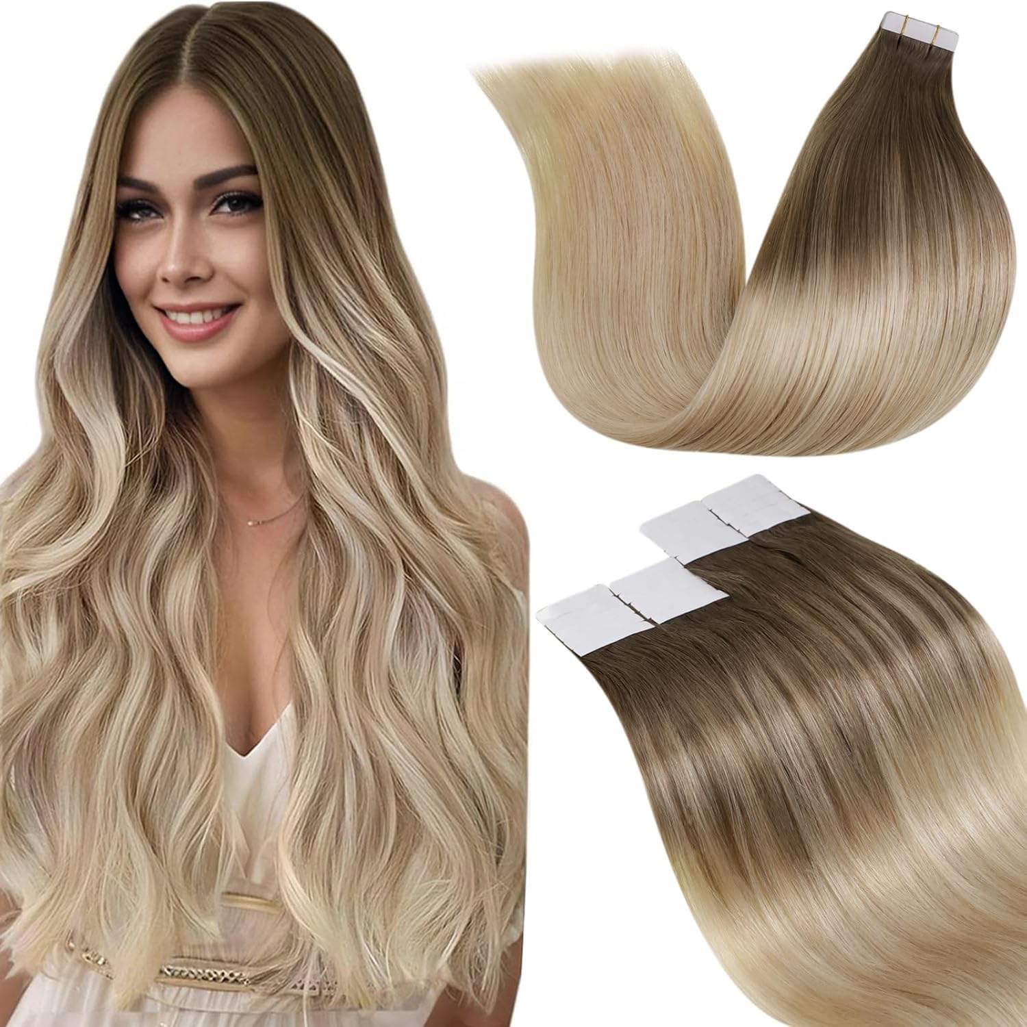 LaaVoo Tape in Hair Extensions Human Hair 24 Inch Blonde Tape Hair Extensions Real Human Hair Invisible Tapes Remy Straight Balayage Brown to Blonde Hair Double Sided Tabs 20pcs 50g #8/18/60