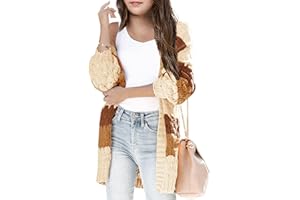 MACNOORA Girls Open Front Long Sleeve Cardigan Color Block Chunky Knit Oversized Kids Sweaters Coat