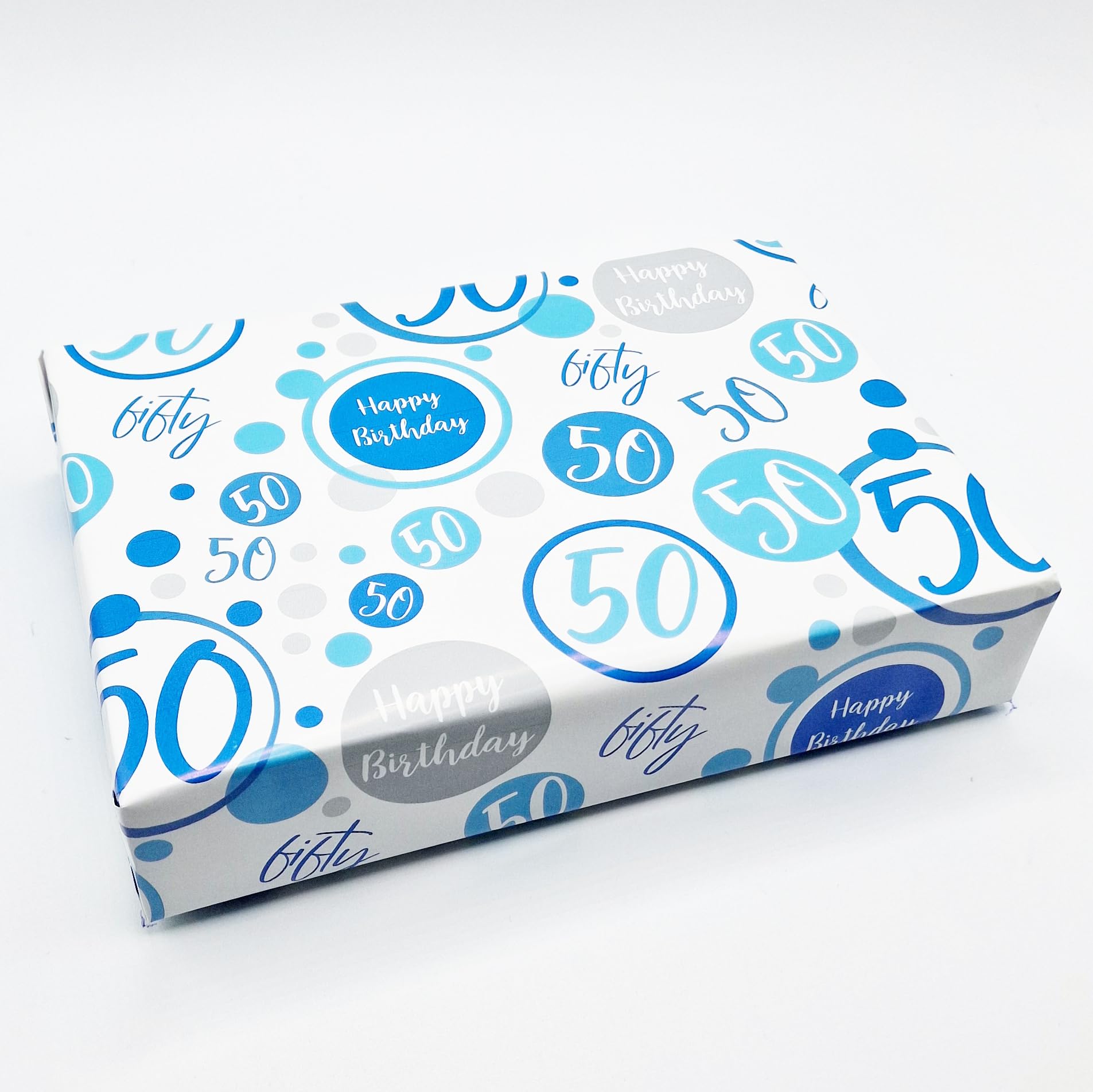 2 Sheets + 2 Matching Gift Tags 50th Birthday Man Wrapping Paper Age 50 Birthday Blue White Giftwrap Male (PA)