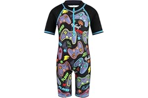 TFJH E One-Piece Boys Short Sleeve Swimsuits Rash Guard Suits Swimwear 50+ UV Sun Protective Zip
