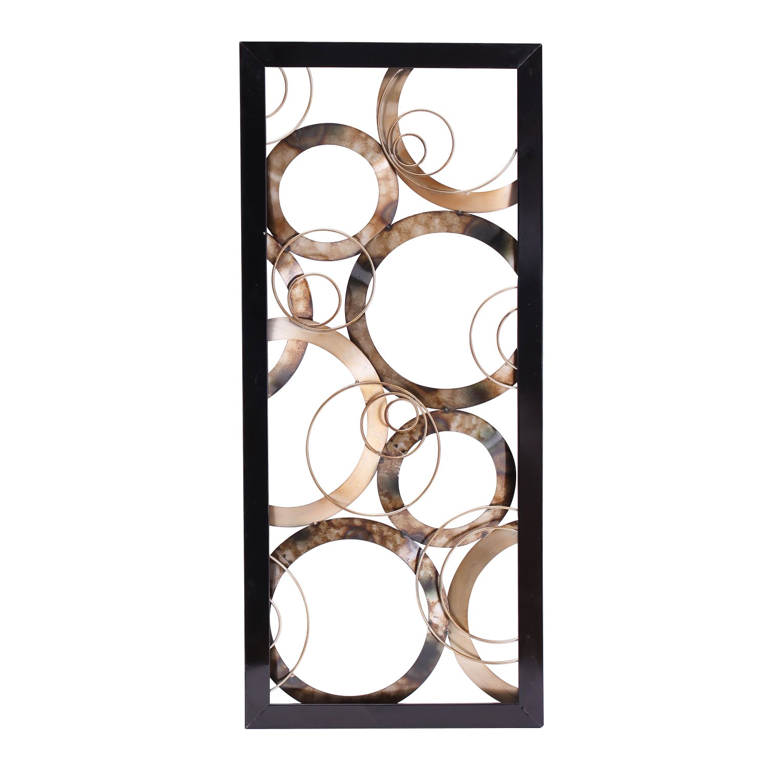 Adeco Modern Wall Sculpture Decorative Wall Hanging Art Aesthetic, Metal Abstract Floating Circles and Rectangle Frame, for Living Room, Bedroom, Kitchen Room, Office - 32x14 Inches
