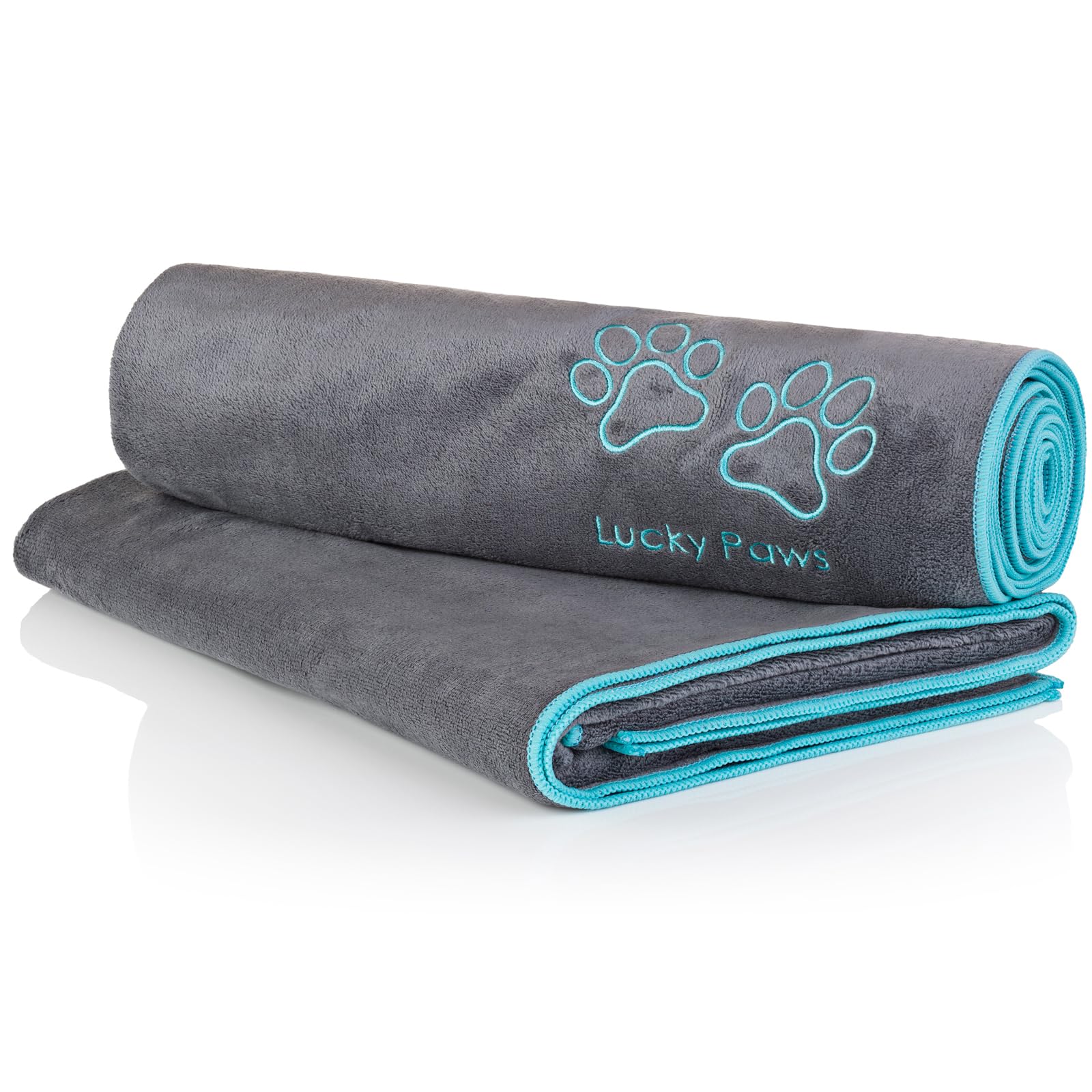 Lucky Paws® UK Dog Towel – Extra Large 140x70cm – Super Absorbent, Luxuriously Soft & Fast Drying Microfibre Towel – Premium Dog Towels for Drying Dogs (Pack of 2, Grey/Turquoise)