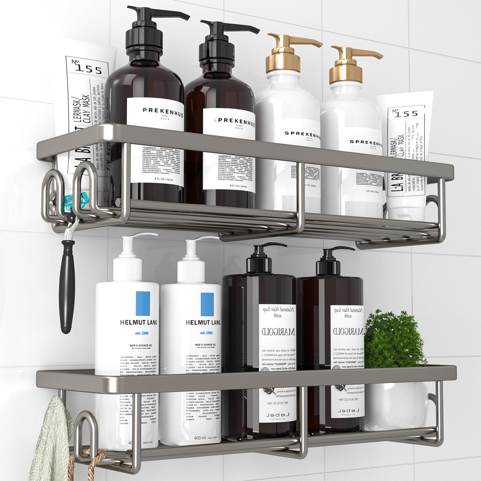Kitsure 2 Pack Rustproof Shower Caddy - Minimalist Style Bathroom Shelves, Wall-Mounted Shower Shelf, Large Capacity&Durable Bathroom Accessory, Large, Grey
