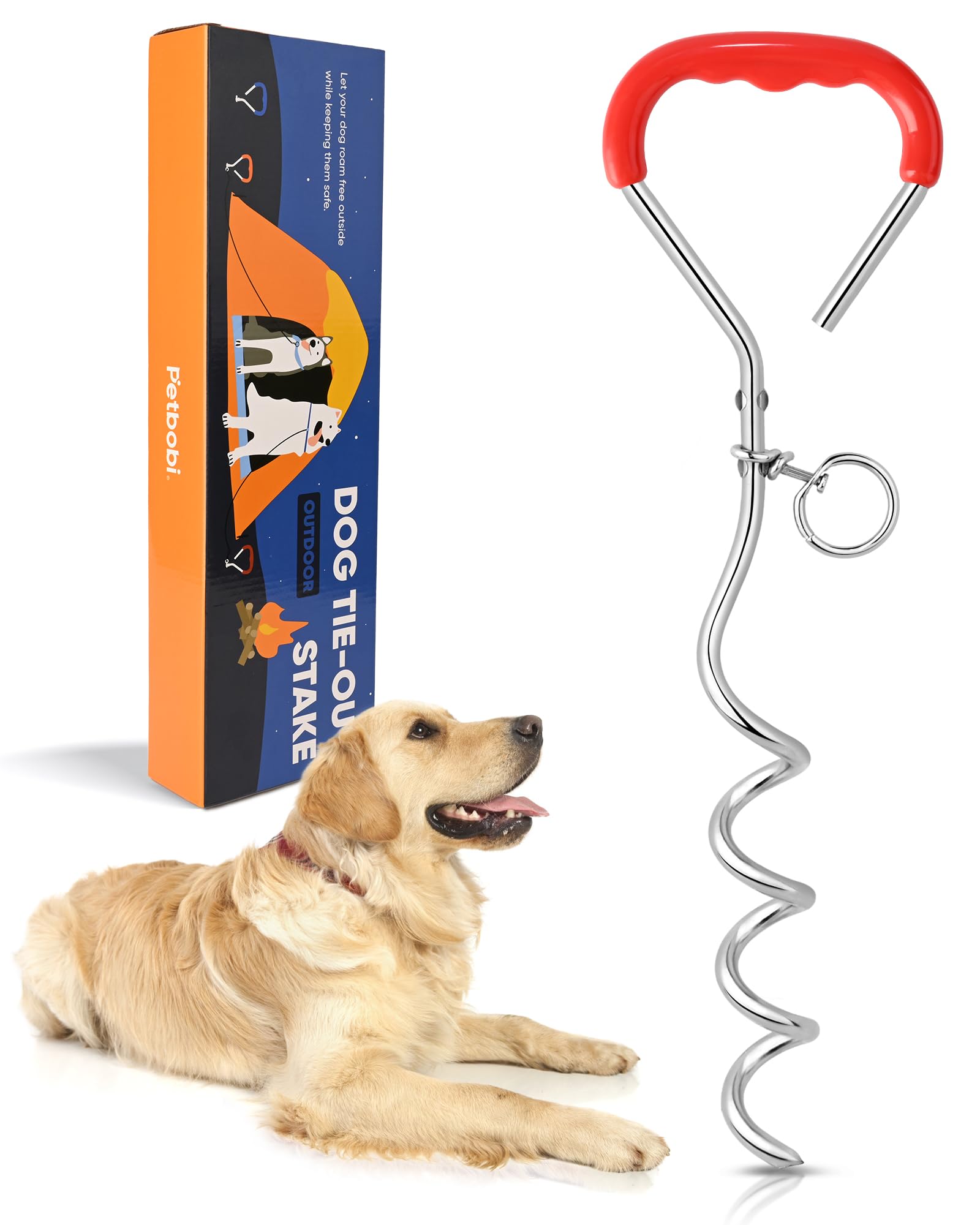 Photo 1 of Petbobi Dog Tie Out Stake - 16? Heavy Duty Dog Anchor for Yard Camping, 9mm Solid Steel, Soft Grip Handle Spiral Stake with No Tangle Connect Ring for Small to Large Pets Up to 120lbs, Red