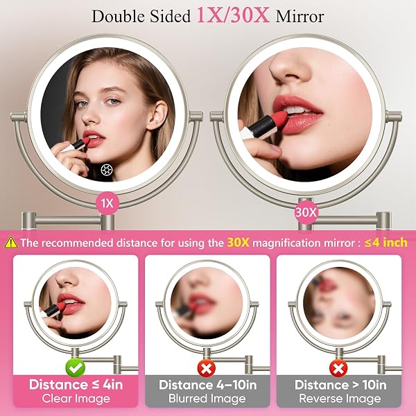 WALL MOUNTED MAKEUP MIRROR WITH LIGHTS 30X/1X DOUBLE-SIDED VANITY MIRROR