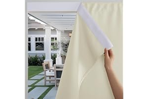 RYB HOME Windproof Outdoor Curtains for Patio Waterproof with Adhesive Top Back Tab Bottom,No Drill Sun Blocking Outside Curtains with Rope for Gazebo Porch Pergola, Beige, W 52 x L 84, 2 Panels