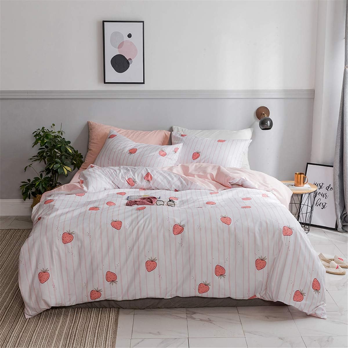 Lwedress LWEHOME Girls Pink Cotton Full Duvet Cover Strawberry Stripe Bedding Sets 3 Pieces Reversible Lovely Duvet Cover Set for Kids Children Adults,King Size