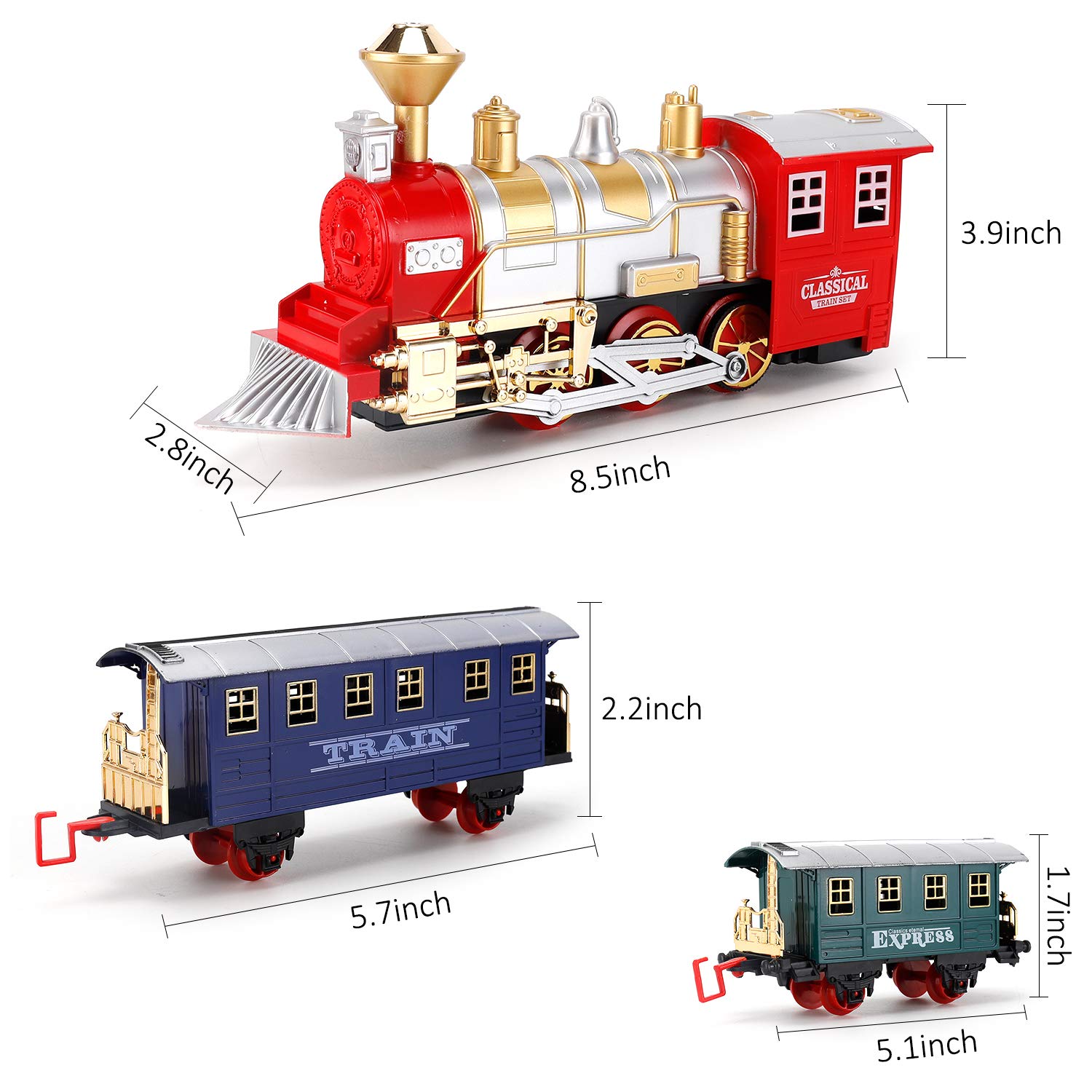 Classic Train Set for Kids with Smoke, Realistic Sounds, 3 Cars and 11