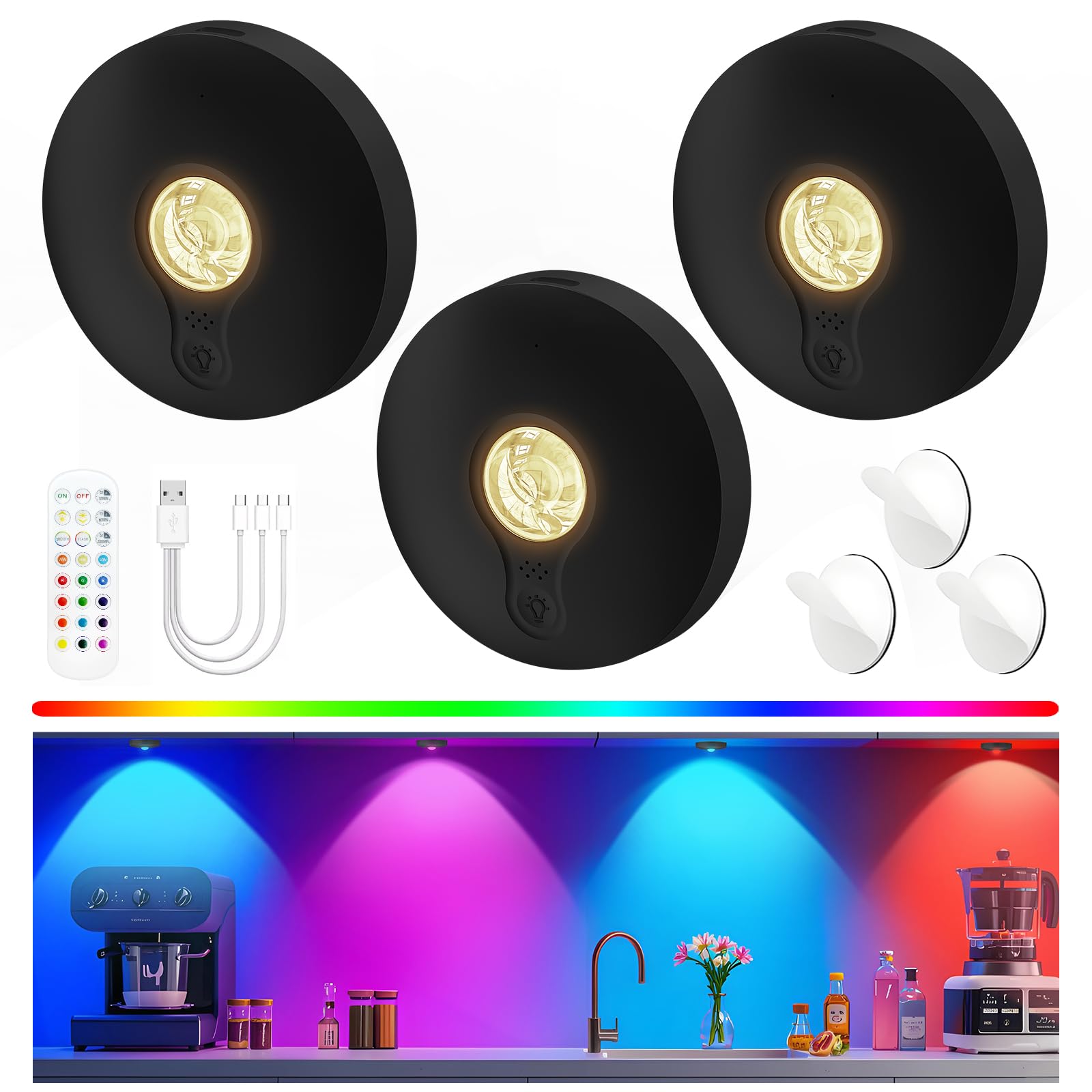 Photo 1 of Rechargeable Puck Lights with Remote, 3 Pack Magnetic Under Cabinet Lighting, 1500mAh Battery Operated LED Tap Lights with Dimmer & Timmer for Kitchen, Closet, Shelf - 3 Color Temps & 12 RGB, Black