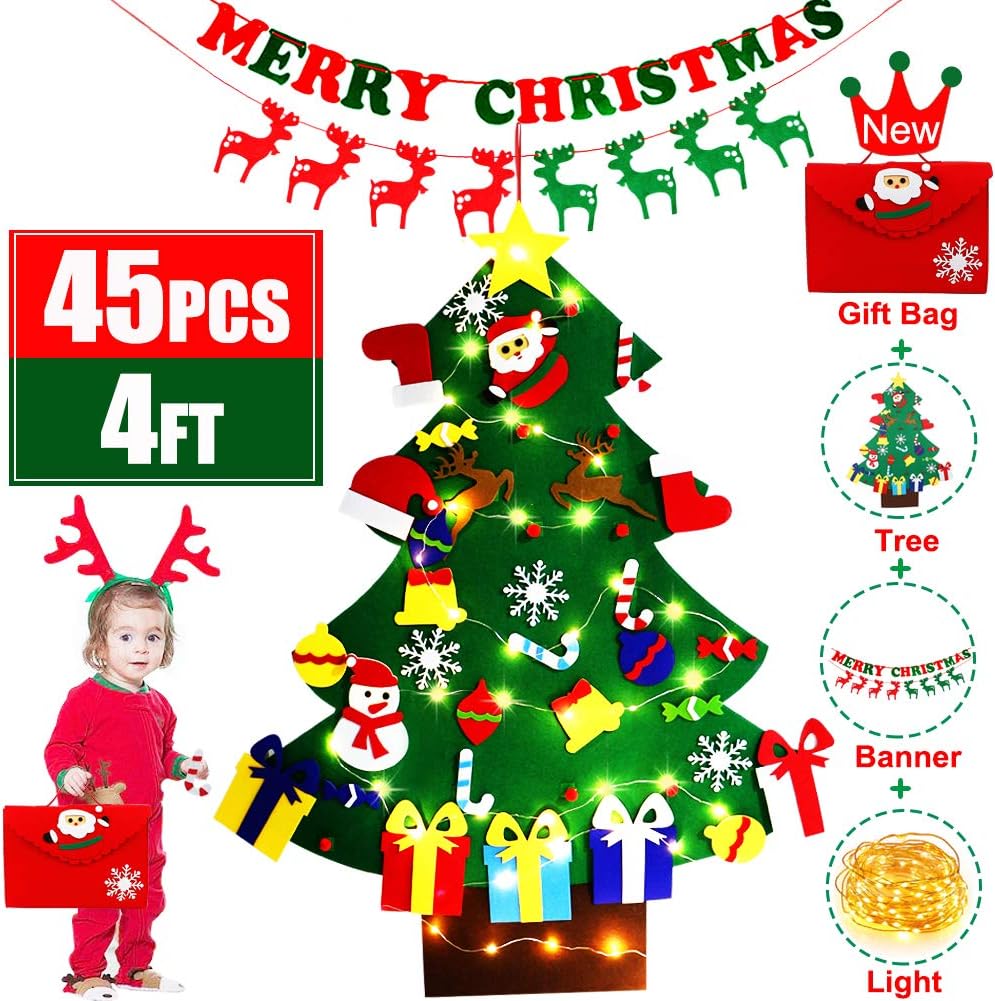 Ornaments - yazi 4ft DIY Felt Christmas Tree with Light for Kids Wall 45pcs Detachable Ornaments & Storage Bag & Banner Christmas Tree Wall Decor Door Hanging Xmas Gifts New Year Decorations